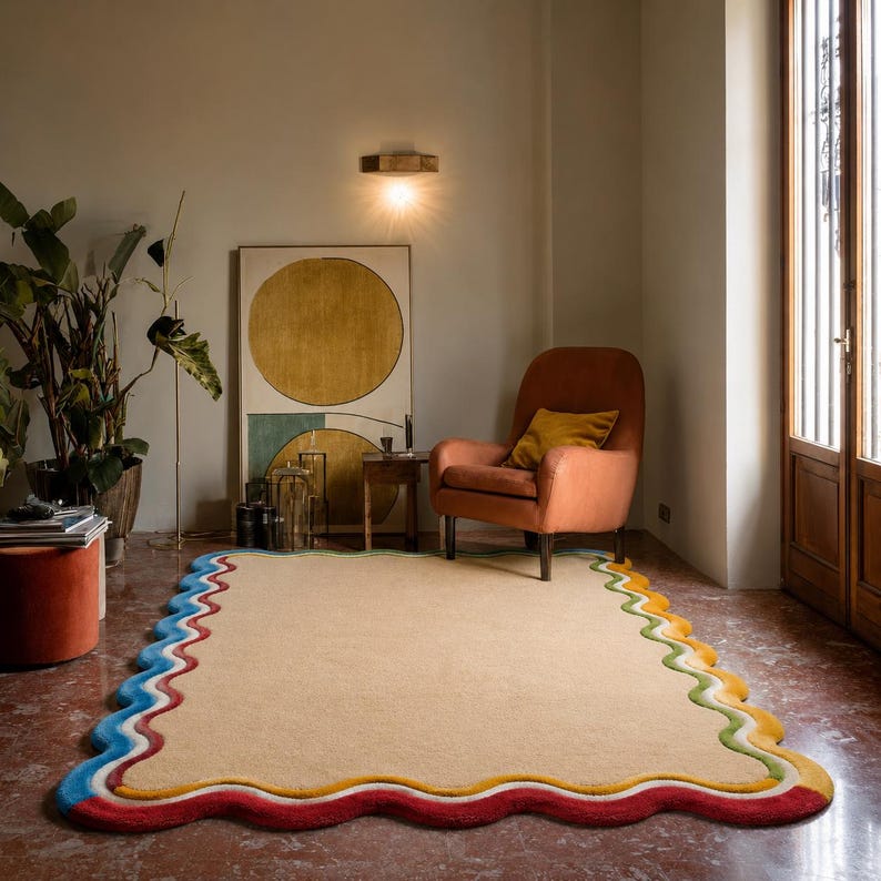 May include: A rectangular area rug with a solid beige center and a wavy, multi-colored border featuring layers of blue, green, yellow, and red. The rug has a soft, tufted texture and is positioned on a dark, polished floor in a room setting.