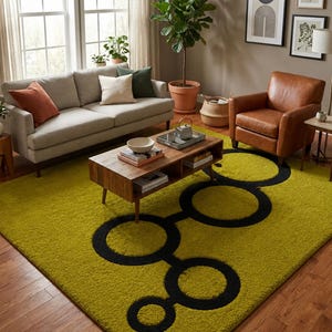 Olive Green Geometric Circle Rug | Modern Abstract Area Rug | Hand Tufted Wool Carpet | Mid Century Living Room Decor