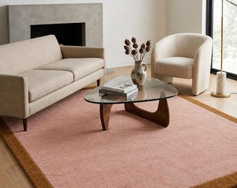 Blush Pink Border Rug | Minimalist Hand Tufted Wool Rug | Modern Area Rug | Scandinavian Bedroom Decor Carpet | Mid Century Area Rug