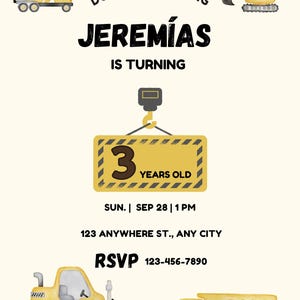 Puede incluir: Una invitación de cumpleaños con temática de construcción, con el nombre "Jeremías" y el texto "3 AÑOS". El diseño incluye ilustraciones de vehículos de construcción como una hormigonera, una excavadora y un camión volquete. La invitación también incluye la fecha, la hora y el lugar.