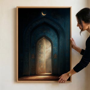 Arte mural islámico, impresión en lienzo de arco de mezquita, decoración de la luna de Ramadán, obra de arte espiritual enmarcada, decoración de lujo de Oriente Medio, regalo de inauguración de casa