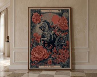 May include: A framed wall art print titled THE CHARIOT featuring a detailed illustration of a figure riding a horse-drawn chariot, surrounded by large coral-colored peony flowers against a dark blue and grey background with a circular sun motif.