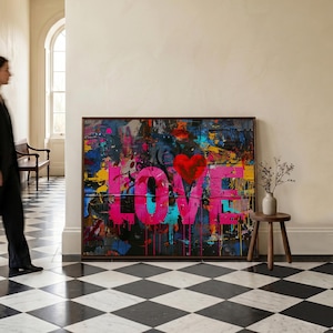 Arte mural de graffiti de amor, lienzo de arte callejero colorido, lámina de amor de arte pop, obra de arte urbana enmarcada, decoración mural abstracta moderna, arte de estilo callejero