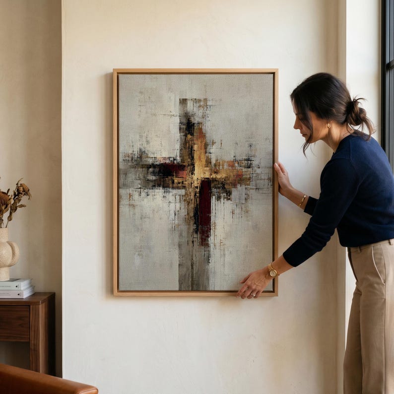 Cuadro abstracto de cruz para pared, impresión cristiana en lienzo, decoración moderna de fe, obra de arte religiosa minimalista, pintura espiritual neutra, regalo para un nuevo hogar. imagen 5