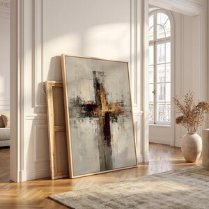 Cuadro abstracto de cruz para pared, impresión cristiana en lienzo, decoración moderna de fe, obra de arte religiosa minimalista, pintura espiritual neutra, regalo para un nuevo hogar. imagen 6