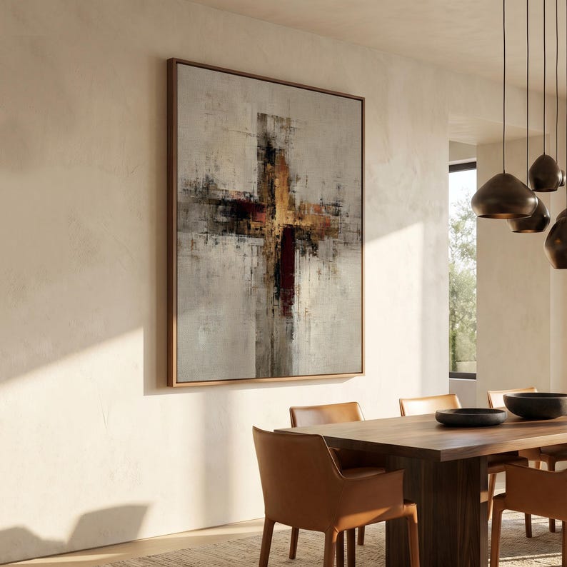 Cuadro abstracto de cruz para pared, impresión cristiana en lienzo, decoración moderna de fe, obra de arte religiosa minimalista, pintura espiritual neutra, regalo para un nuevo hogar. imagen 2