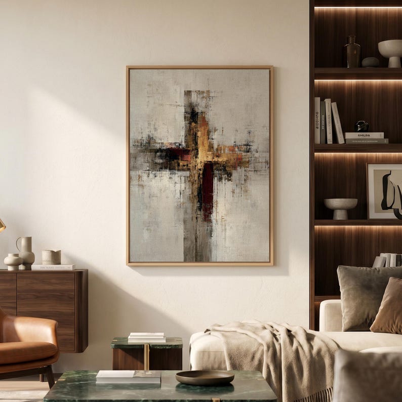 Cuadro abstracto de cruz para pared, impresión cristiana en lienzo, decoración moderna de fe, obra de arte religiosa minimalista, pintura espiritual neutra, regalo para un nuevo hogar. imagen 4