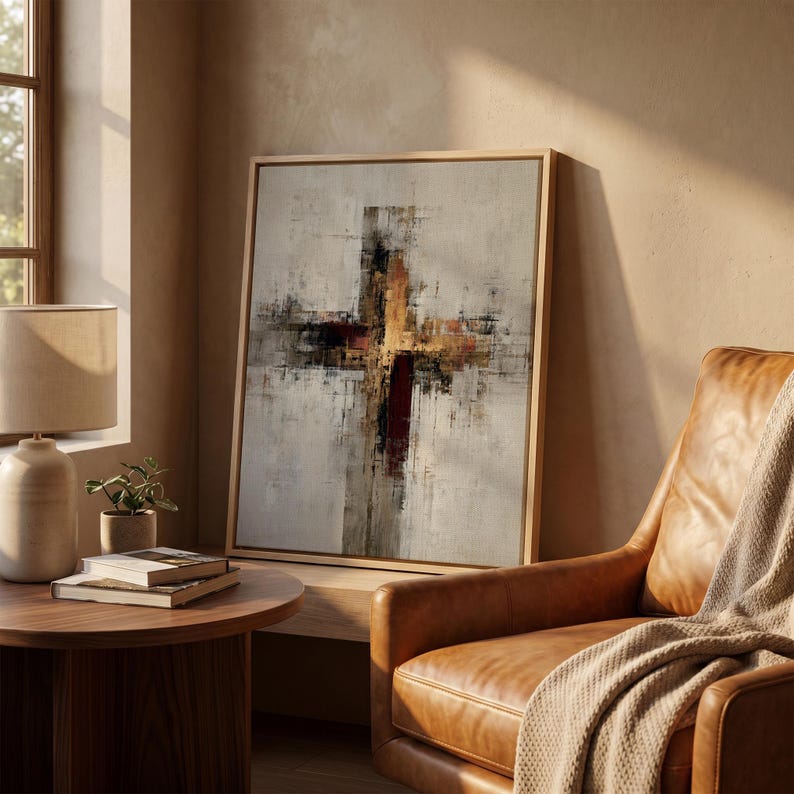 Cuadro abstracto de cruz para pared, impresión cristiana en lienzo, decoración moderna de fe, obra de arte religiosa minimalista, pintura espiritual neutra, regalo para un nuevo hogar. imagen 3