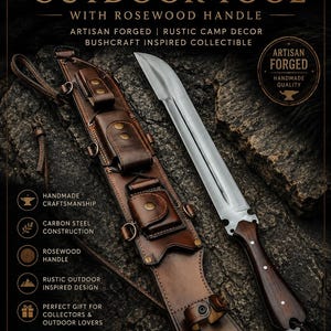 May include: A carbon steel knife with a rosewood handle and a brown leather sheath featuring multiple pockets and brass hardware. The text reads: HANDMADE CARBON STEEL OUTDOOR TOOL WITH ROSEWOOD HANDLE, ARTISAN FORGED, BUSHCRAFT INSPIRED COLLECTIBLE.