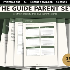 Op de afbeelding: Een printbare PDF-set getiteld THE GUIDE PARENT SET, met 15 kaarten op A4-pagina's. De documenten bevatten tekst, instructies en lege velden voor beloftekaarten met groene koppen, ontworpen voor gebruik door ouders bij communicatie.
