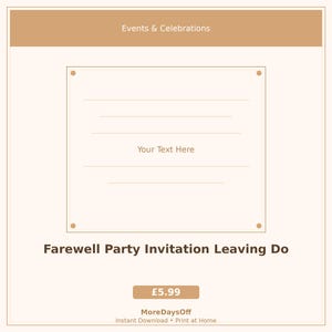 Könnte beinhalten: Eine digitale Vorlage für eine Abschiedsparty-Einladung mit einem hellbeigen rechteckigen Rahmen und braunen Akzenten. Das Design enthält den Text Events & Celebrations, Your Text Here und Farewell Party Invitation Leaving Do.