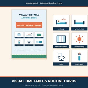 May include: A set of printable visual timetable and routine cards featuring 84 cards, 4 boards, and 13 pages. The cards display colorful icons for daily tasks like wake up, get out of bed, open the curtains, good morning, toilet, and brush teeth.
