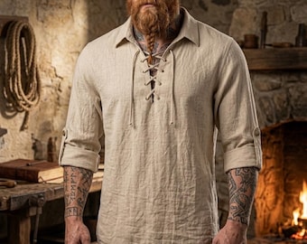 Tunica da uomo vichinga pirata – Camicia medievale rinascimentale con lacci, top da guerriero cosplay