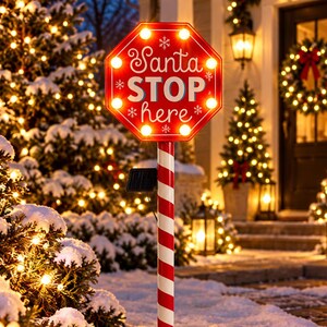 Luminária solar "Papai Noel Pare Aqui", placa de Natal com LED, decoração natalina para jardim no Polo Norte, estaca de Natal para jardim.