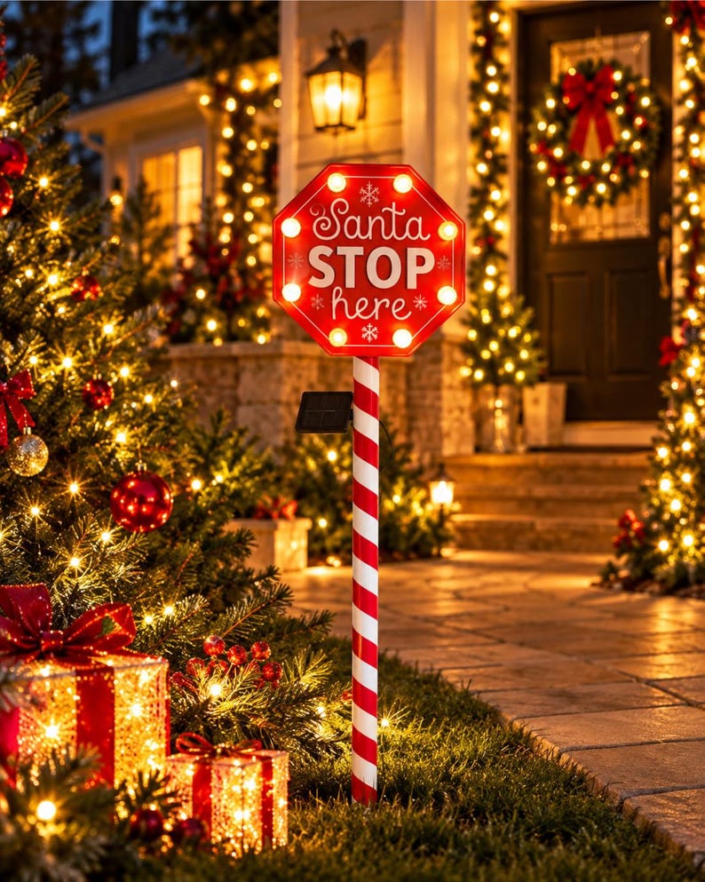 Solar Powered Santa Stop Here Light, Christmas Signpost LED Lamp, North ...