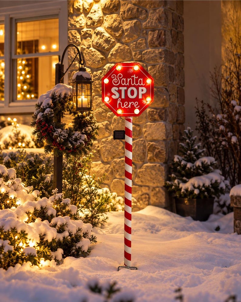 Solar Powered Santa Stop Here Light, Christmas Signpost LED Lamp, North ...