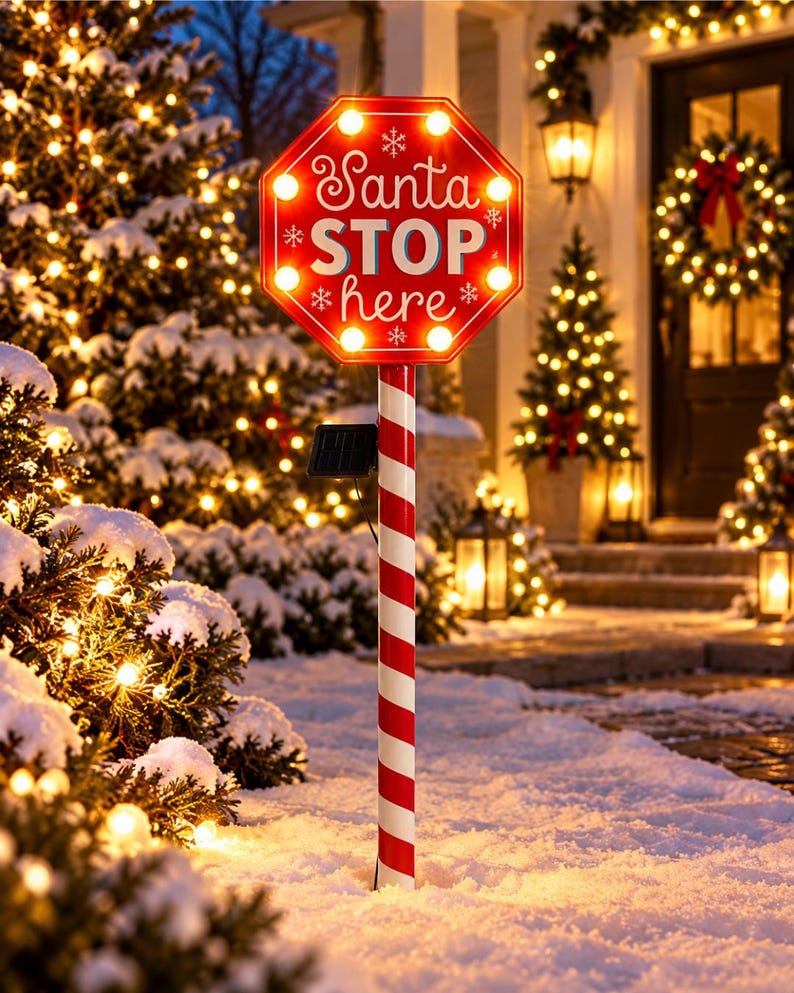 Solar Powered Santa Stop Here Light, Christmas Signpost LED Lamp, North ...