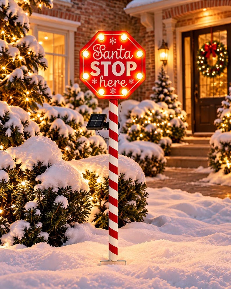 Solar Powered Santa Stop Here Light, Christmas Signpost LED Lamp, North ...