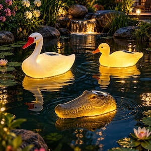 Puede incluir: Tres adornos de jardín solares flotantes con forma de cisne blanco con pico rojo, pato amarillo con pico naranja y cabeza de caimán marrón texturizada, todos brillando con luz interna mientras flotan en la superficie de un estanque oscuro.