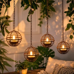 May include: Four hanging candle holders with a spherical, cage-like design. Each holder is suspended by a chain and contains a lit candle, casting a warm glow. The holders are bronze-colored, and the background features greenery and a soft, blurred setting.