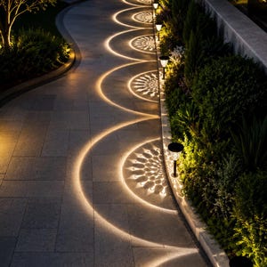 Puede incluir: Una fila de luces solares negras para caminos de jardín instaladas a lo largo de un sendero de piedra. Cada luz proyecta un patrón circular brillante, similar a un mandala, de luz amarilla cálida sobre las baldosas grises.