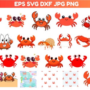 May include: A digital collection of red crab illustrations featuring various cartoon characters, a hermit crab, a realistic crab, and two repeating patterns. The text EPS SVG DXF JPG PNG is displayed at the top of the image.