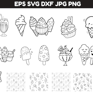 May include: A collection of black and white line art illustrations featuring various ice cream cones, sundaes, popsicles, and seamless patterns. The text EPS SVG DXF JPG PNG is displayed at the top. These graphic designs depict frozen treats.