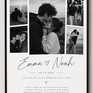 Op de afbeelding: Een ingelijste zwart-wit fotocollage met vier afbeeldingen van een koppel, de namen Emma en Noah, de datum 14-08-2025, de tekst 365 DAYS OF LITTLE MOMENTS & BIG LOVE en een romantisch citaat over het samen delen van het leven.