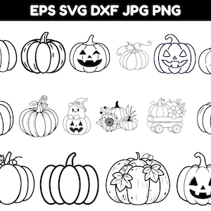 Puede incluir: Una colección de ilustraciones de arte lineal en blanco y negro con varias calabazas, linternas de calabaza, un fantasma en una calabaza y calabazas en un carro con flores. El texto EPS SVG DXF JPG PNG aparece en la parte superior.