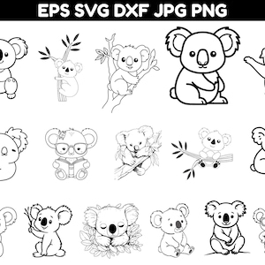 May include: A collection of black and white line art illustrations featuring various koalas in different poses, including sitting, climbing branches, reading with glasses, and sleeping. The text EPS SVG DXF JPG PNG appears at the top.