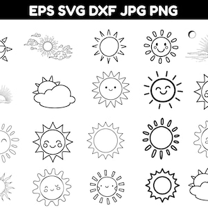 May include: A digital collection of twenty black and white line art sun icons featuring various expressions, including smiling faces, sunglasses, and cloud motifs. The text EPS SVG DXF JPG PNG is displayed at the top of the image.