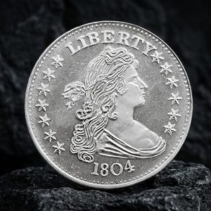 May include: A silver coin featuring a profile of a woman with flowing hair, the word "LIBERTY" arched above. The coin is ringed with stars and the date "1804" is displayed below the profile. The coin is displayed on a dark, textured surface.