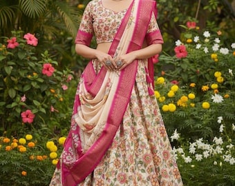 Florales Kalamkari Jacquard Seide Lehenga Choli Set, Pink Dupatta, Traditionelle Indische Kleidung