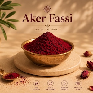 May include: A golden bowl filled with vibrant red powder, labeled "Aker Fassi" with "100% NATURALE" above. A decorative spoon holds a small amount of the powder. Dried rosebuds and petals are scattered around the bowl, suggesting a natural product.