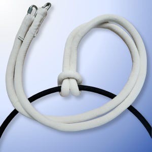 May include: A long, off-white, tubular fabric strap tied in a central knot around a thin, black, circular hoop. The strap features two silver-toned metal carabiner clips at the ends, providing a secure attachment point for the flexible white cord.