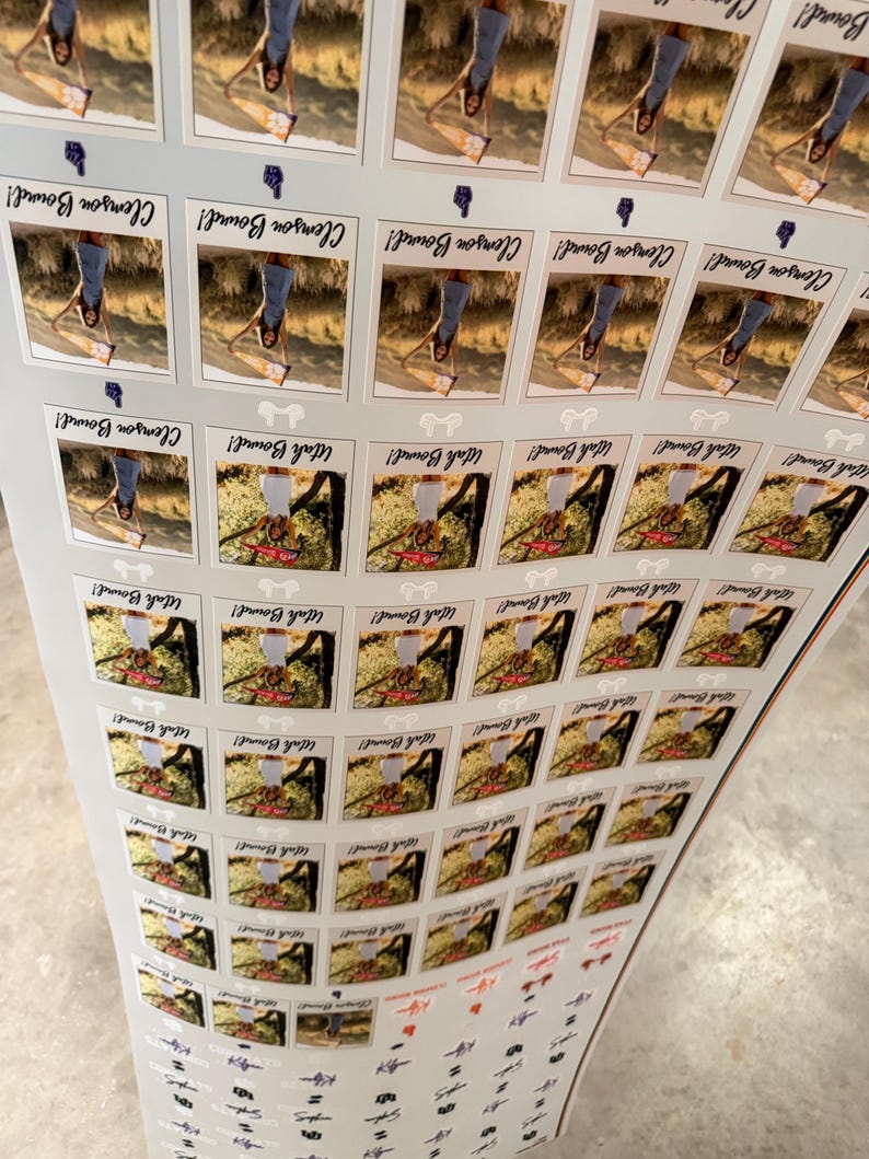 May include: A large sheet of stickers featuring multiple rows of rectangular photo prints. The top rows show a person in a blue dress with the text Clemson Bound, while the lower rows show a person in a white dress with the text Utah Bound.