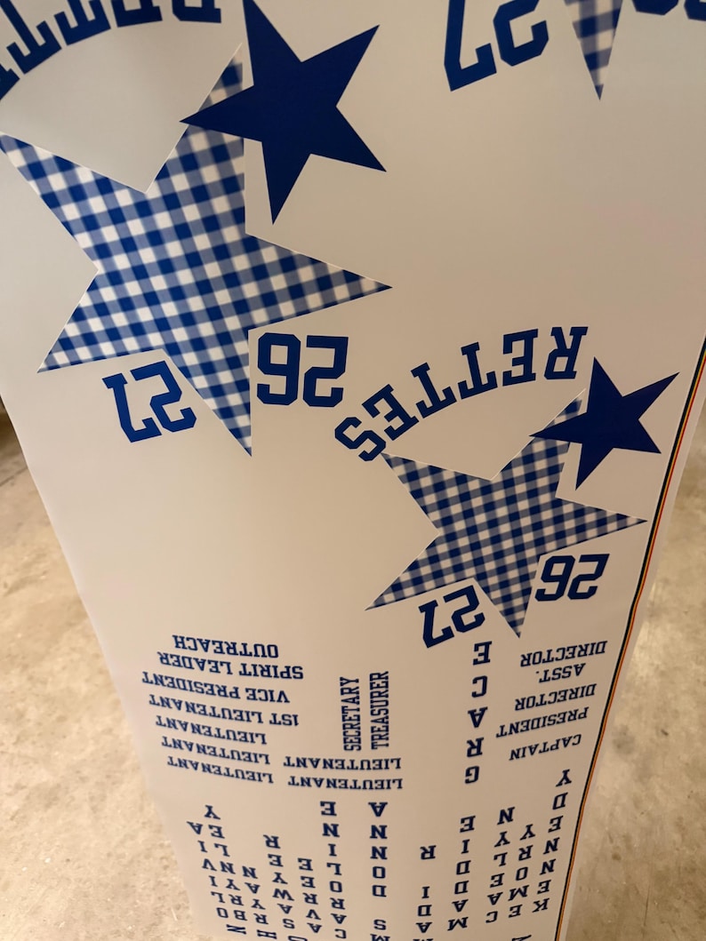 May include: A white poster featuring large blue stars and blue gingham patterned stars. The text includes "RETTES", "26 27", and a list of titles such as "CAPTAIN", "PRESIDENT", "ASST. DIRECTOR", "DIRECTOR", "SECRETARY", "TREASURER", and "LIEUTENANT".