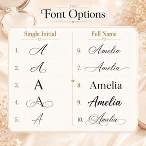 Pu&ograve; includere: Una tabella rettangolare intitolata Font Options mostra dieci stili tipografici distinti. La colonna di sinistra elenca cinque design di iniziali numerati da 1 a 5, mentre la colonna di destra mostra cinque esempi di nomi numerati da 6 a 10.