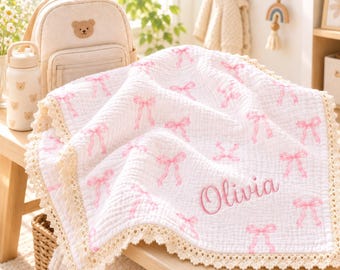 名入れ可能な幼稚園児向けお昼寝ブランケット、名前刺繍入りベビーベッドブランケット、4層コットンモスリンリボンブランケット、保育園のお昼寝ギフト
