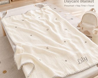 名前刺繍入り保育園用お昼寝ブランケット、4層コットンモスリン幼児用ブランケット、幼稚園のお昼寝に欠かせないアイテム