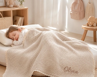 Può includere: Una coperta per neonati in mussola beige con una superficie in tessuto testurizzato e stropicciato, rifinita con un delicato bordo in pizzo bianco. Il nome Olivia è ricamato in corsivo marrone nell'angolo in basso a destra.