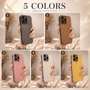 May include: Five phone cases in different colors: gray, brown, pink, off-white, and yellow. Each case has a leopard print design. The text "5 COLORS CHOOSE YOUR STYLE" is at the top of the image.