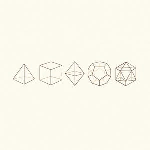 May include: A series of five geometric shapes, including a pyramid, cube, and other polyhedrons, are depicted in a line. The shapes are outlined in a dark brown color against a cream-colored background. The image is a minimalist representation of mathematical forms.
