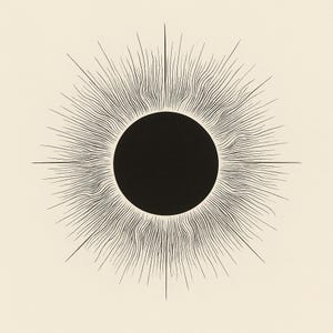 Peut inclure: Illustration d'un cercle noir avec des lignes rayonnantes, évoquant un soleil ou une étoile, sur fond crème. Le dessin présente un cercle central sombre avec de nombreuses lignes fines et ondulées s'étendant vers l'extérieur, créant un design dynamique et artistique.