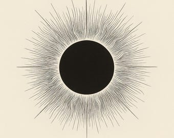 Lámina con estampado de eclipse solar, arte de corona en tinta negra, decoración minimalista para pared (descarga digital)