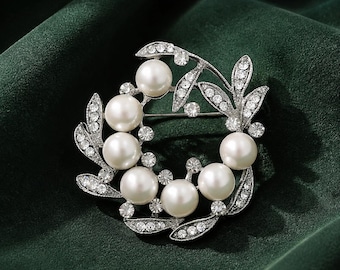 Pearl Brooch, Silver Crystal Floral Pin, Vintage Wedding Jewelry, Elegant Circle Statement Brooch, Bridal Gift for Her