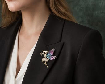 Fairy Brooch Pin, Purple Crystal Fairy Brooch, Rhinestone Winged Fairy Jewelry, Fantasy Statement Pin, Magical Gift for Her