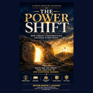 Könnte beinhalten: Ein Buchcover mit dem Titel The Power Shift: How Christ's Resurrection Changed Everything. Das Bild zeigt ein Steingrab mit einem leuchtenden Eingang und drei Kreuze auf einem Hügel bei Sonnenuntergang. Der Text enthält Death had the power.