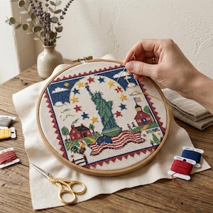 May include: A cross-stitch embroidery hoop featuring a patriotic design with the Statue of Liberty, stars, and stripes. The needlework is in progress, with colorful threads and a wooden hoop. Scissors and spools of thread are nearby.