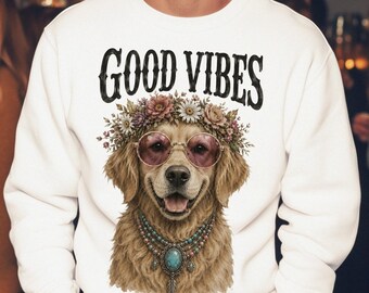 Imagen PNG de perro con buenas vibras, diseño de sublimación de Golden Retriever, imagen PNG de perro floral bohemio, diseño de camiseta de cachorro adorable, descarga digital